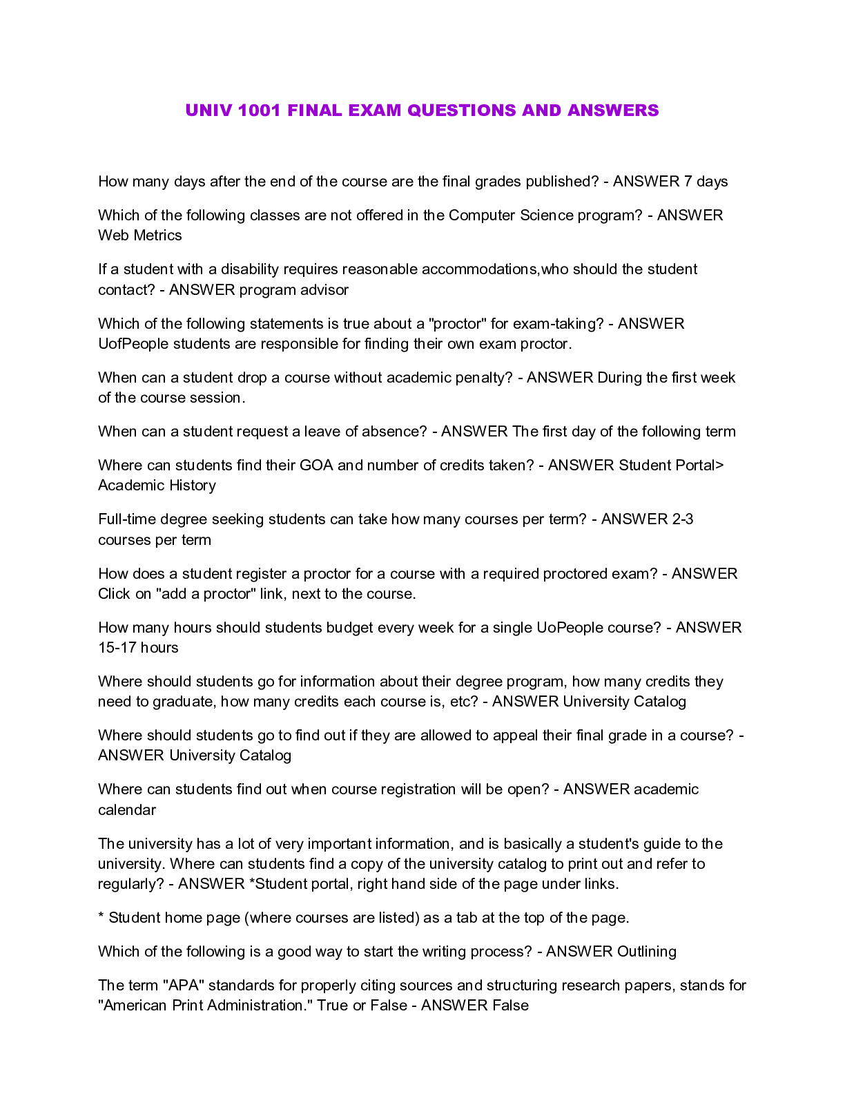 Preview image for UNIV 1001 FINAL EXAM QUESTIONS AND ANSWERS